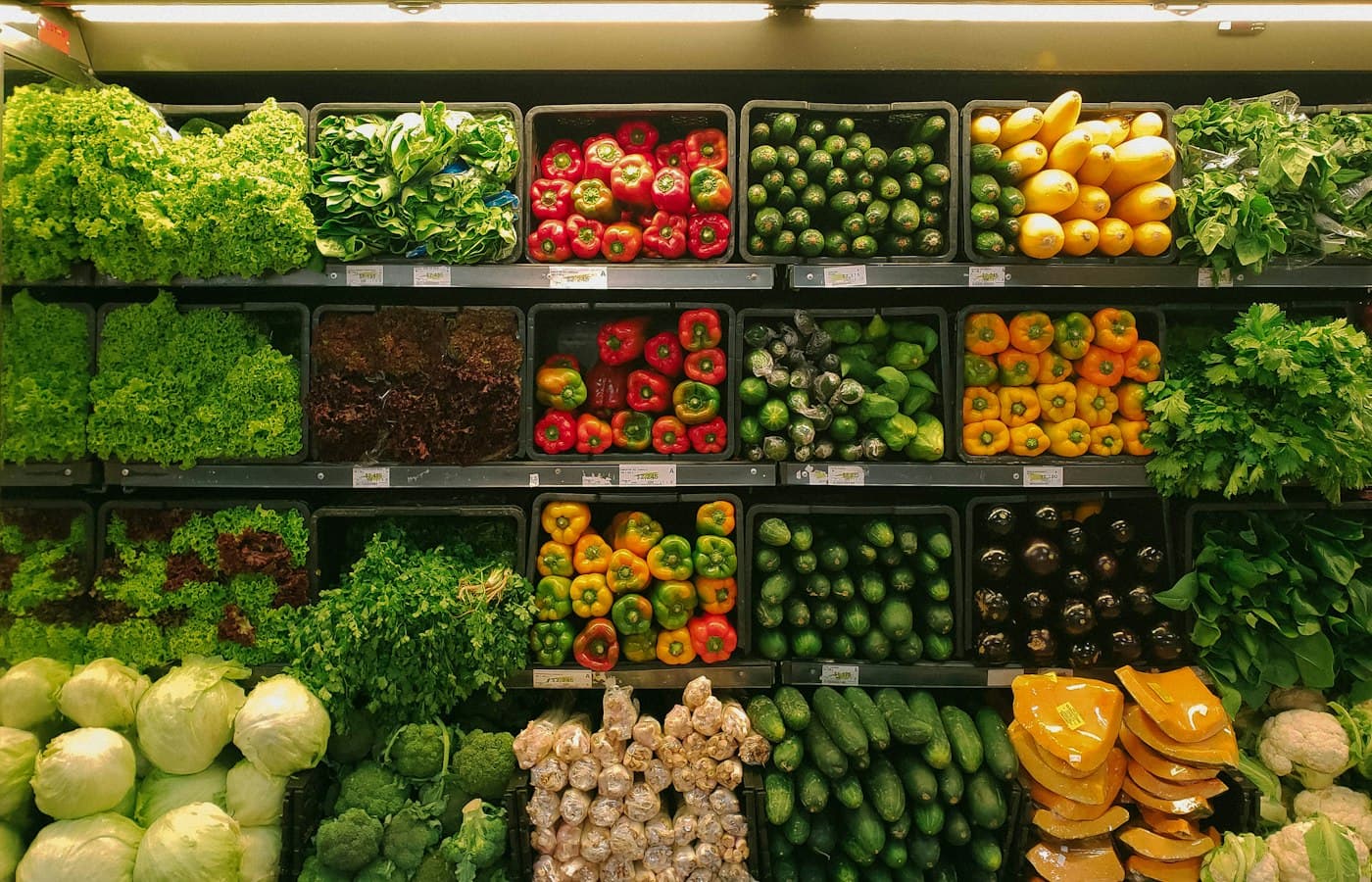 Produce shelf tagged with multiple vegetable classes
